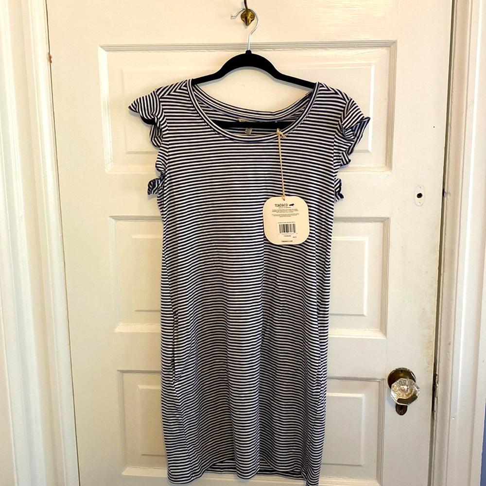 Toad&Co Ruffle Short Sleeve Dress Navy Stripe Size: XS